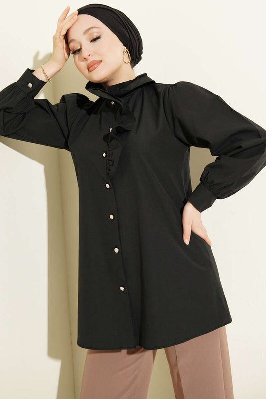 Chemise noire à volants Yaka avec boutons en pierre