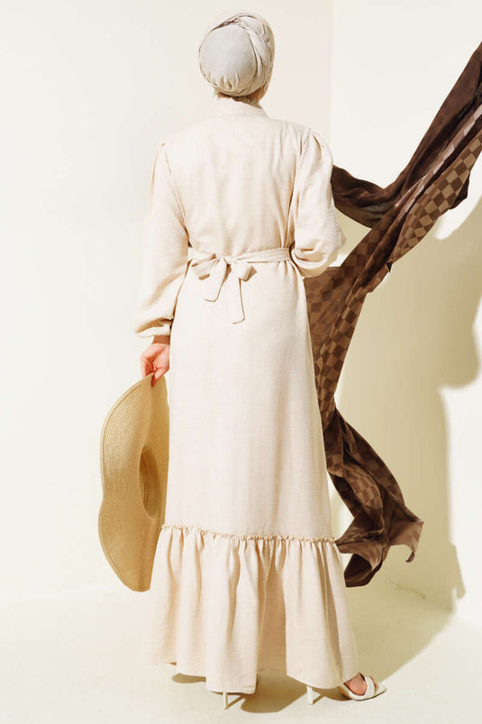 Robe Volants Col Volant Beige