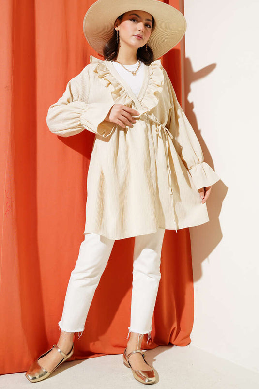 Ruffle Collar Side String Tie Kimono Beige
