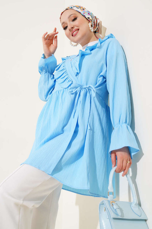 Yaka Fırfırlı Yan İp Bağlamalı Kimono Buz Mavisi