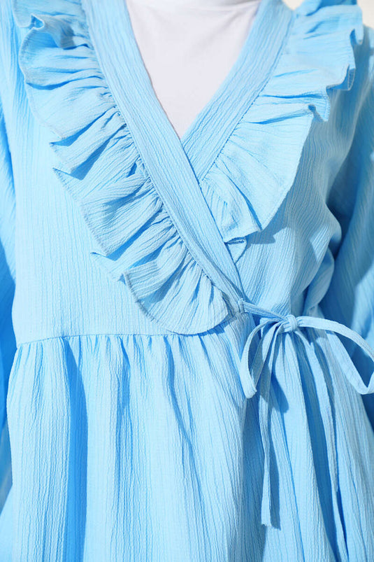 Yaka Fırfırlı Yan İp Bağlamalı Kimono Buz Mavisi