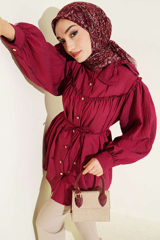 Collared Bow Detail Tunic Burgundy