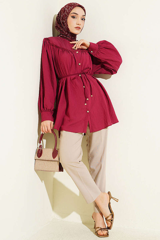 Collared Bow Detail Tunic Burgundy