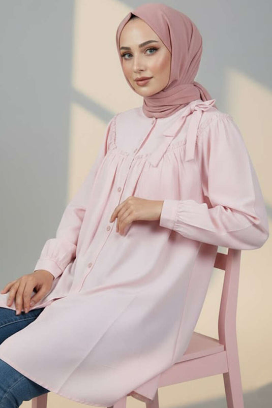 Loose Shirt with Collar Bow Pink