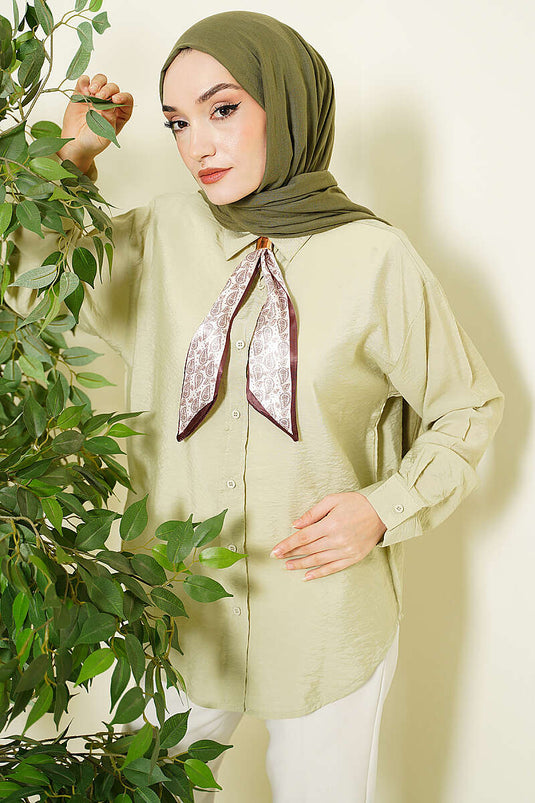 Basic Shirt with Collar Scarf in Pistachio Green