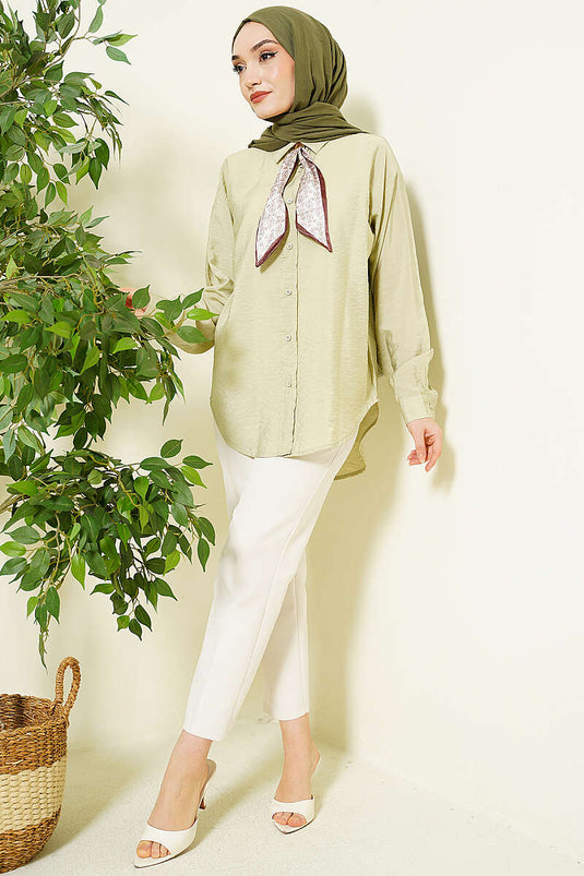 Basic Shirt with Collar Scarf in Pistachio Green