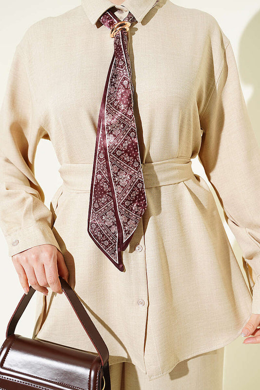 Loose Two-Piece Set with Collar Scarf and Belt Beige