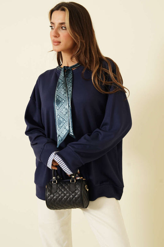 Yaka Fularlı Loyşa Sweatshirt Lacivert