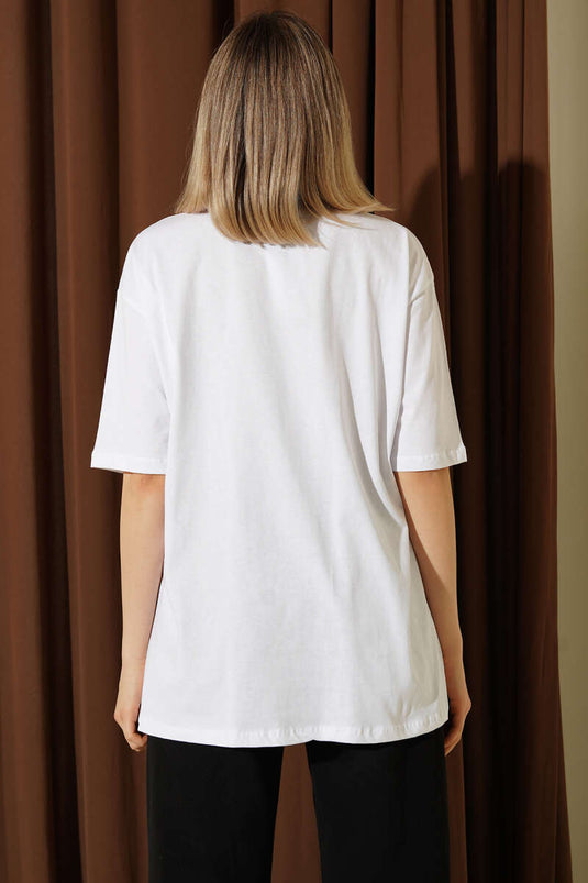 White T-shirt with Embroidered Neck Scarf