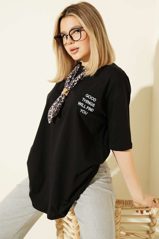 Black Embroidered T-shirt with Neck Scarf