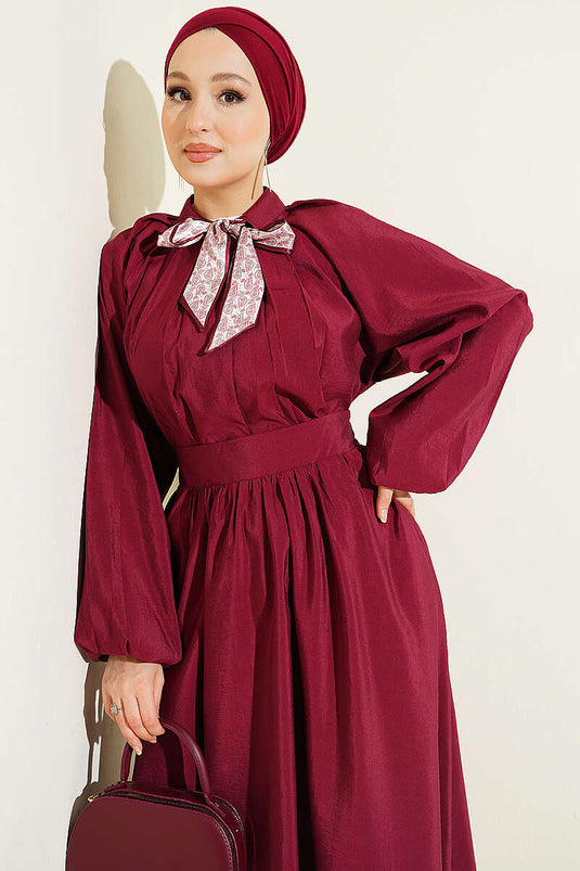 Two-Piece Set with Collared Scarf and Pleated Skirt, Burgundy