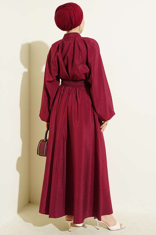 Two-Piece Set with Collared Scarf and Pleated Skirt, Burgundy