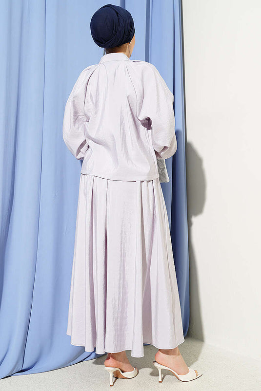 Two-Piece Set with Collared Scarf and Pleated Skirt, Gray