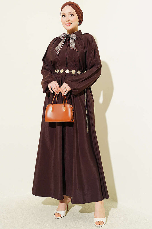 Two-Piece Set with Collared Scarf and Pleated Skirt, Brown