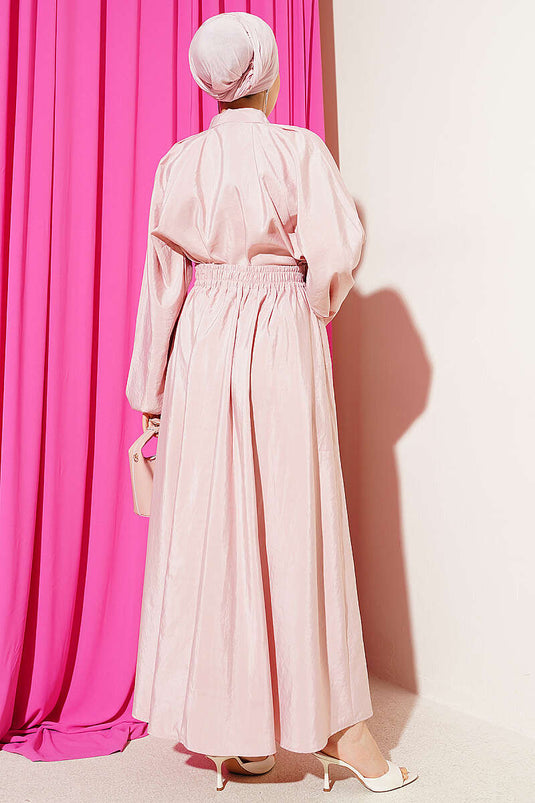Two-Piece Set with Collared Scarf and Pleated Skirt in Powder Pink