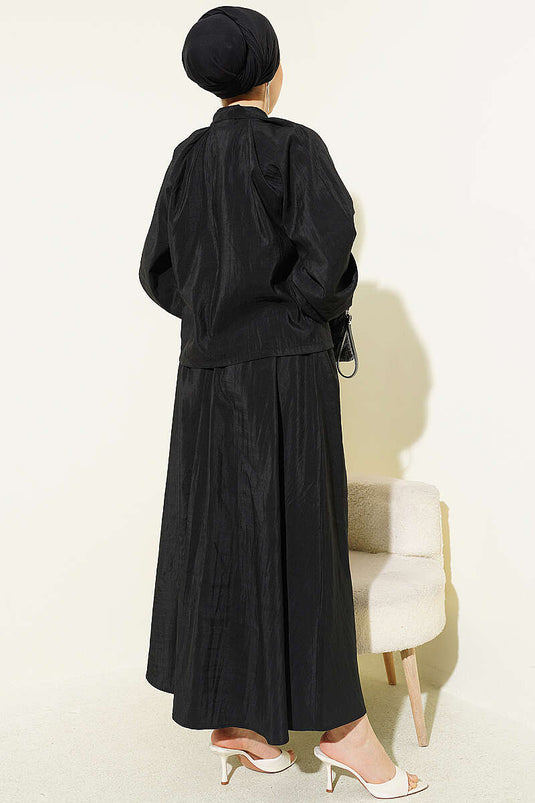 Two-Piece Set with Collared Scarf and Pleated Skirt, Black