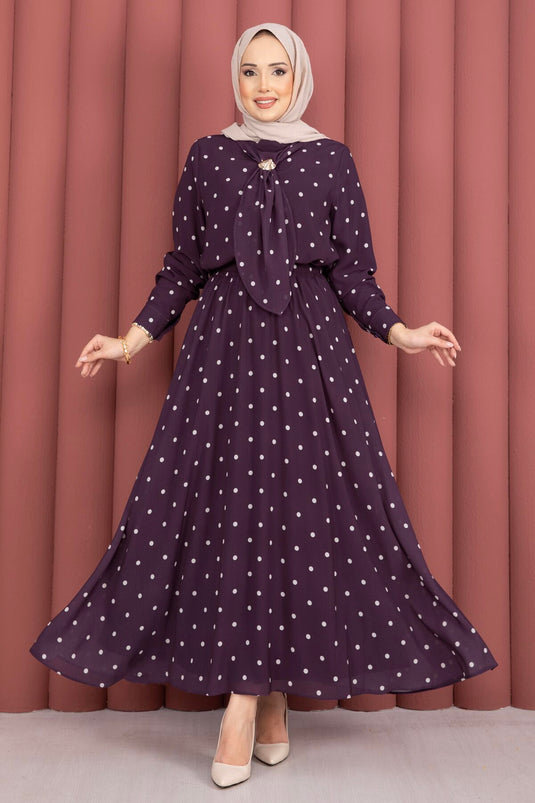Ensemble jupe à pois avec foulard Yaka couleur mûre
