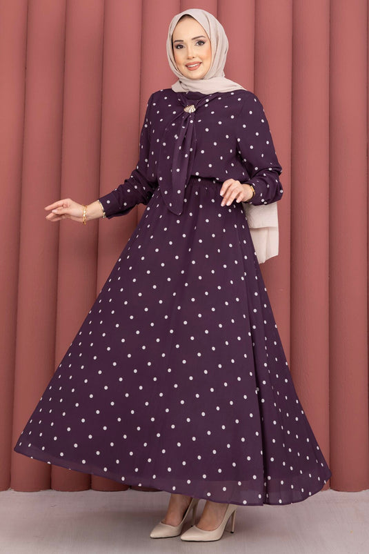 Ensemble jupe à pois avec foulard Yaka couleur mûre
