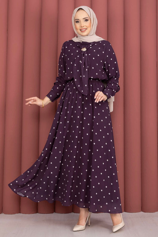 Ensemble jupe à pois avec foulard Yaka couleur mûre