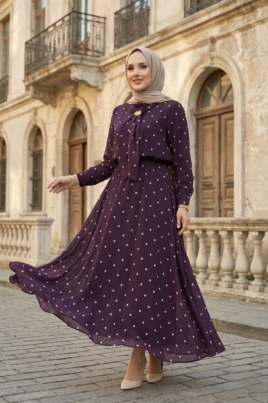 Ensemble jupe à pois avec foulard Yaka couleur mûre