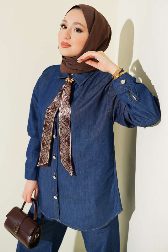 Denim Two-Piece Set with Collar Scarf and Stone Buttons, Navy Blue