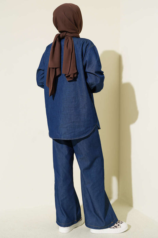 Denim Two-Piece Set with Collar Scarf and Stone Buttons, Navy Blue