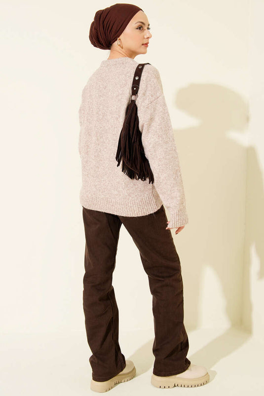 Yaka Fularlı Triko Kazak Bej