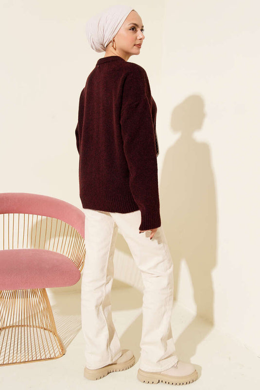 Yaka Fularlı Triko Kazak Bordo