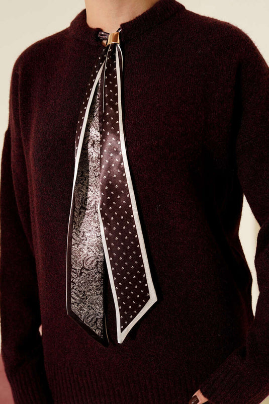 Yaka Fularlı Triko Kazak Bordo