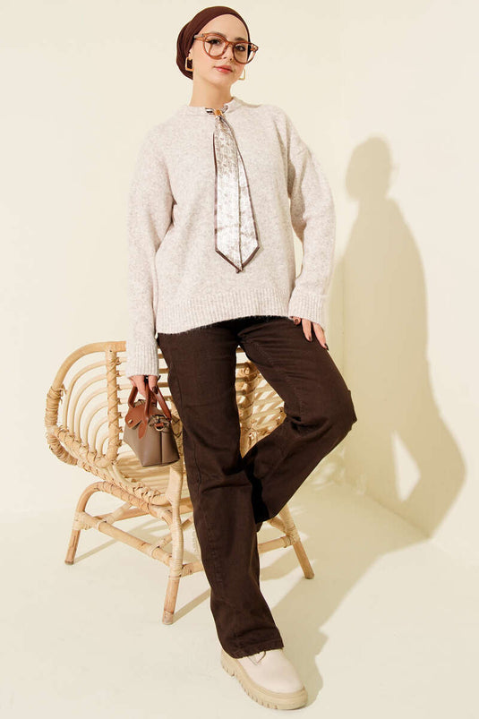 Yaka Fularlı Triko Kazak Taş