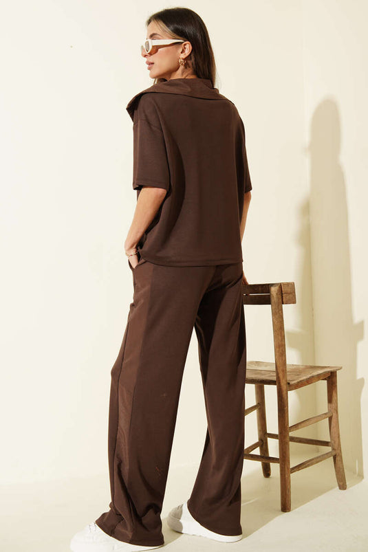 Short Sleeve Set with Collar Trim, Two-Piece, Coffee