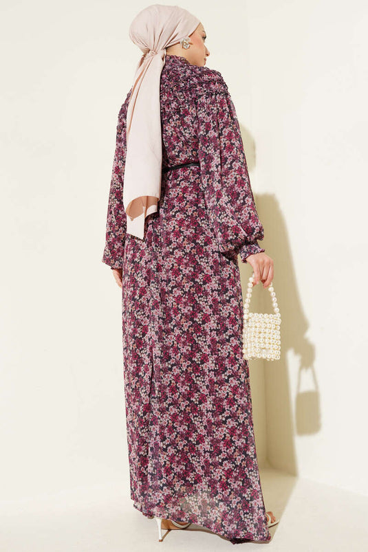 Floral Chiffon Dress with Collar and Dusty Rose