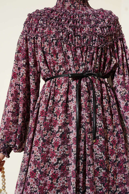 Floral Chiffon Dress with Collar and Dusty Rose