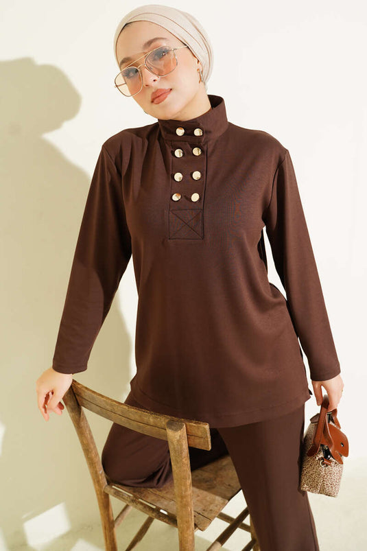 Ensemble deux pièces Loysha marron à col boutonné doré