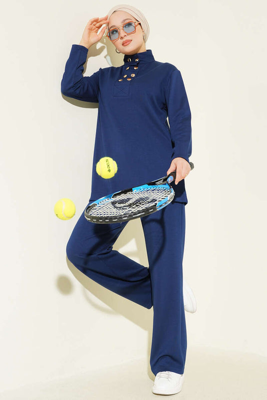 Gold Buttoned Collar Loysha Two Piece Suit Navy Blue