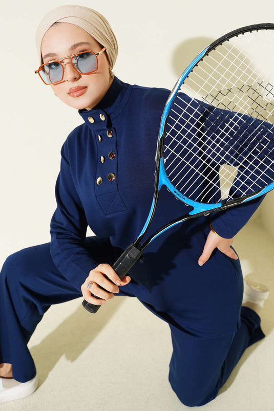 Gold Buttoned Collar Loysha Two Piece Suit Navy Blue