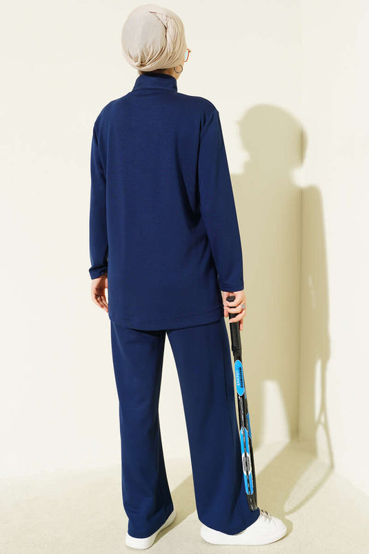 Gold Buttoned Collar Loysha Two Piece Suit Navy Blue