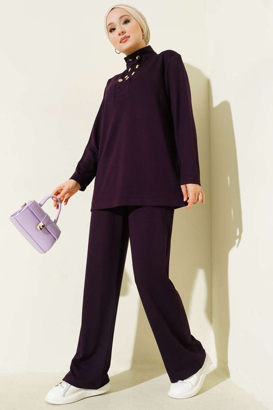 Yaka Gold Düğmeli Loyşa İkili Takım Mor