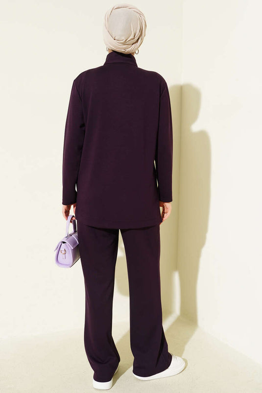 Yaka Gold Düğmeli Loyşa İkili Takım Mor