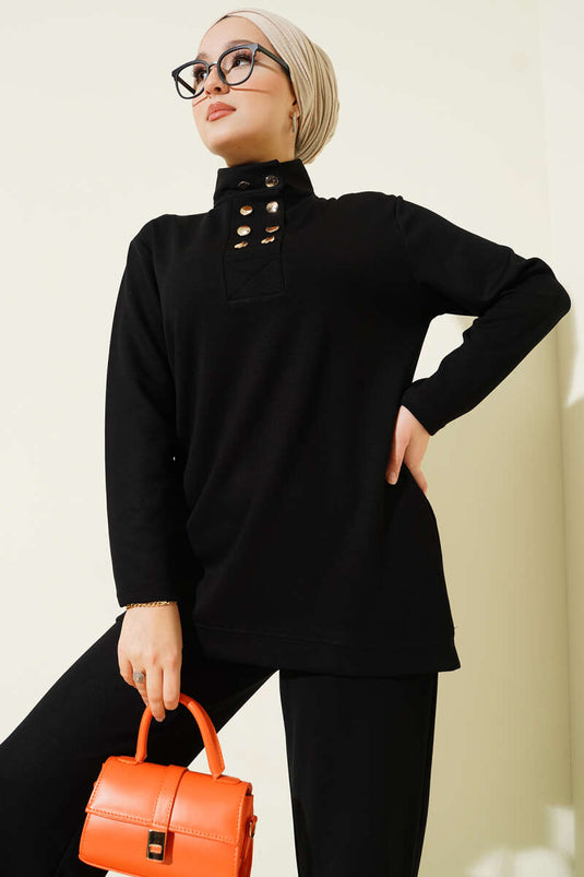 Ensemble deux pièces Loysha noir à col boutonné doré