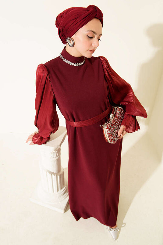 Collared Pearl-Detailed Belted Evening Dress Burgundy
