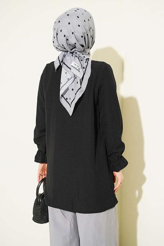Black Shirt With Pearl Bead Detail And Collar