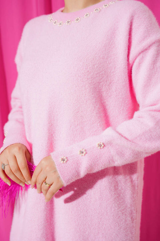 Yaka İncili Sakallı Tunik Pembe