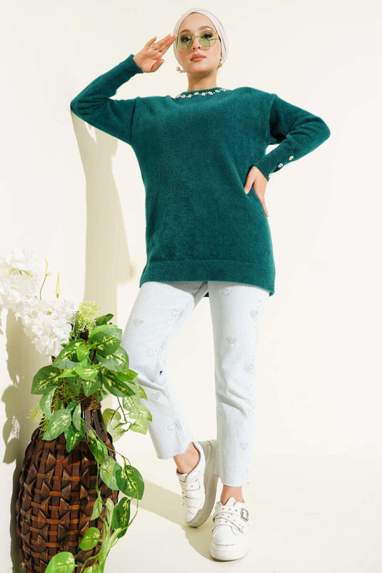 سترة ملتحية بياقة لؤلؤية زمردية