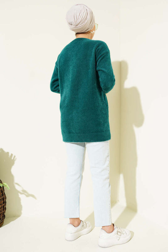 سترة ملتحية بياقة لؤلؤية زمردية