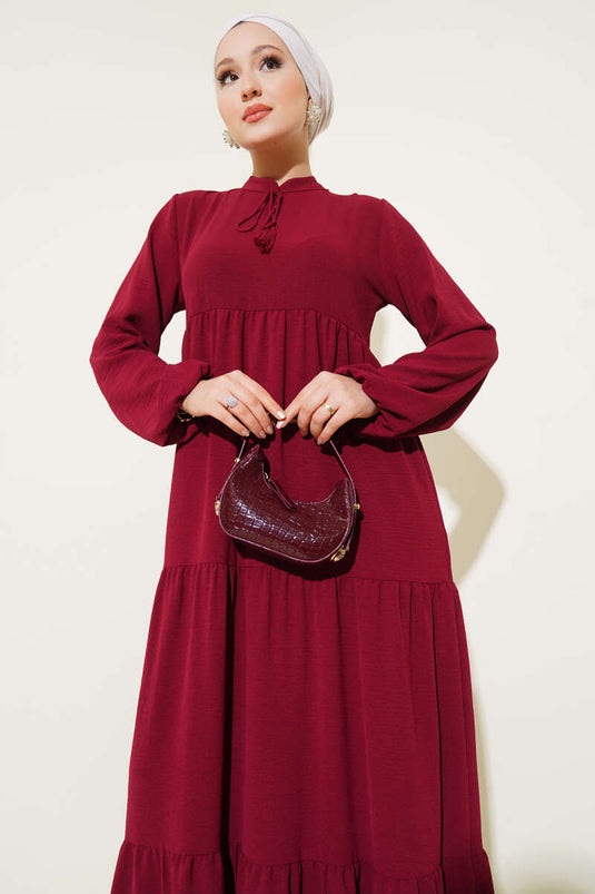 Collar Rope Tie Detailed Layered Dress Burgundy