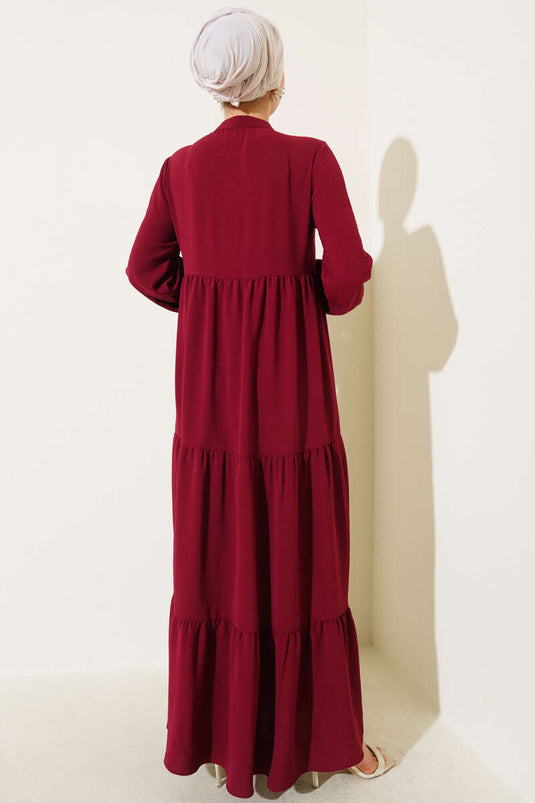 Collar Rope Tie Detailed Layered Dress Burgundy