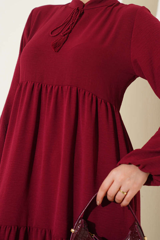 Collar Rope Tie Detailed Layered Dress Burgundy