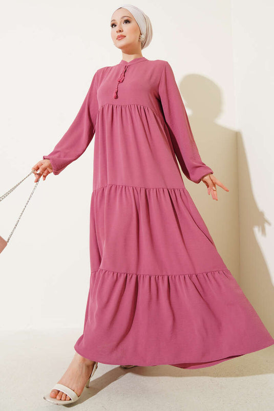 Collar Rope and Lace Detailed Layered Dress Dusty Rose