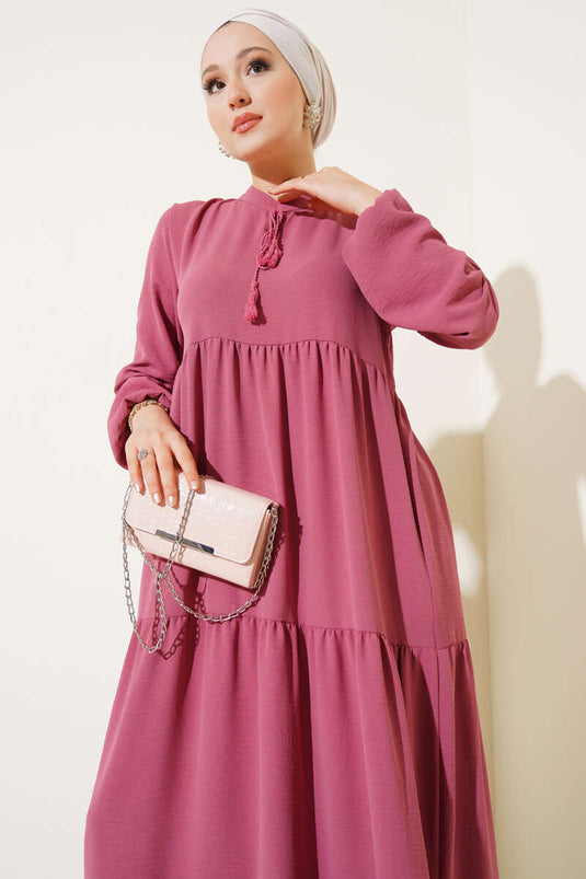 Collar Rope and Lace Detailed Layered Dress Dusty Rose